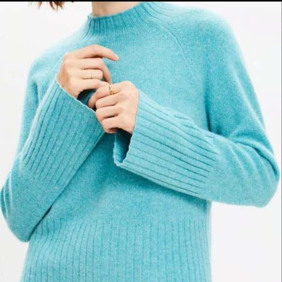 ANN TAYLOR LOFT 100% CASHMERE MOCK NECK SWEATER CRISP TEAL HEATHER $129 M - Picture 2 of 7